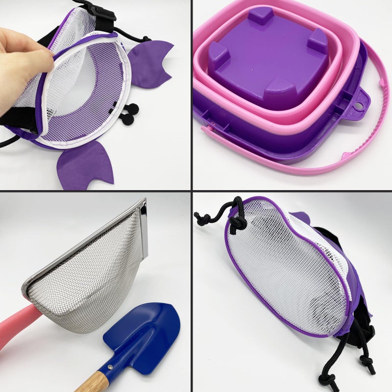 YOOLEETC 4PCS Beach Toy Mesh Shovel and Mesh Beach Bag Seashell Bag with Foldable Beach Bucket & Shovel for Sand Filter & Collect Shells (Purple Crab - Image 3